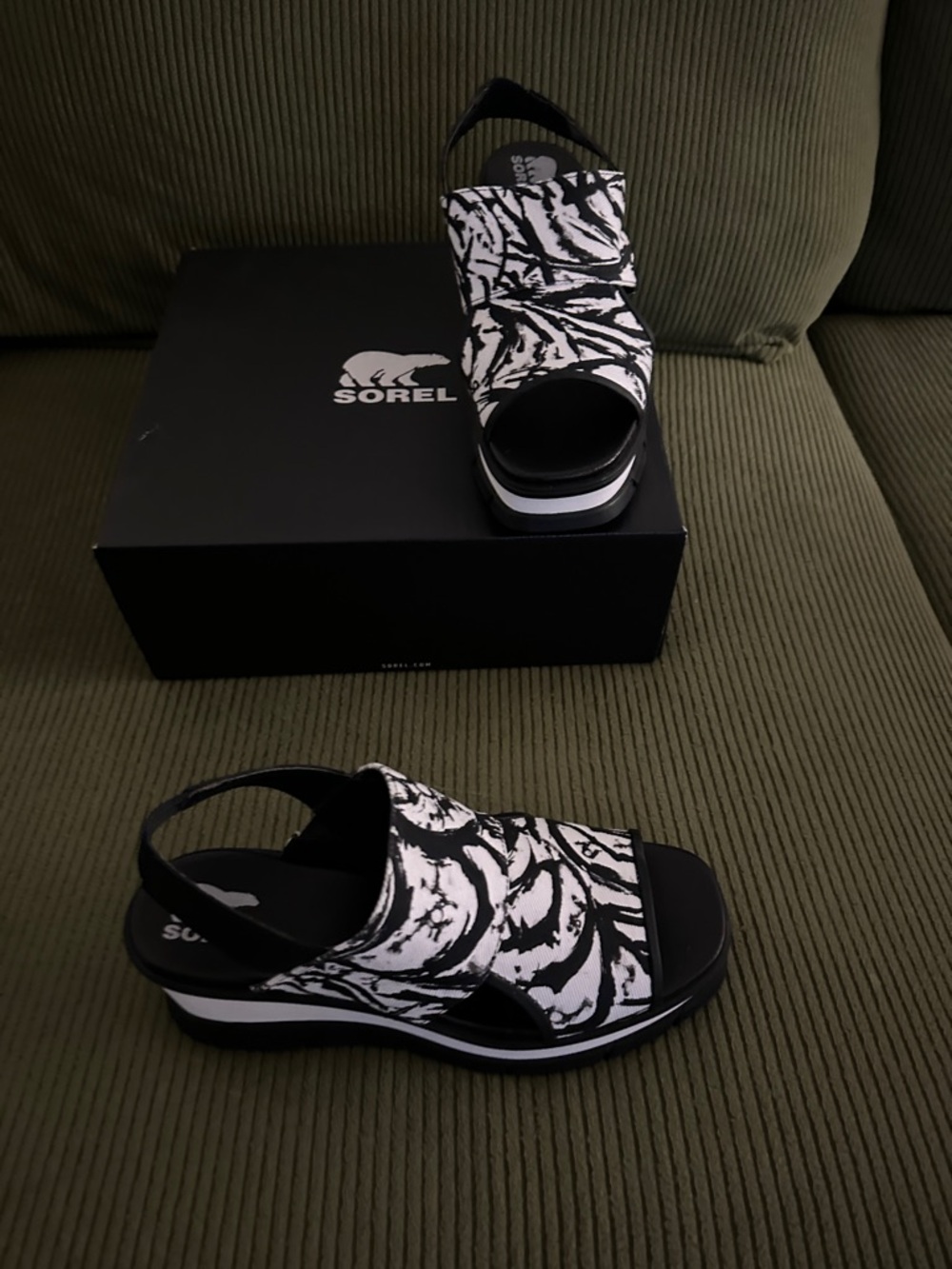 Sorel Black and White Patterned Open-Toe Slingback Sandals